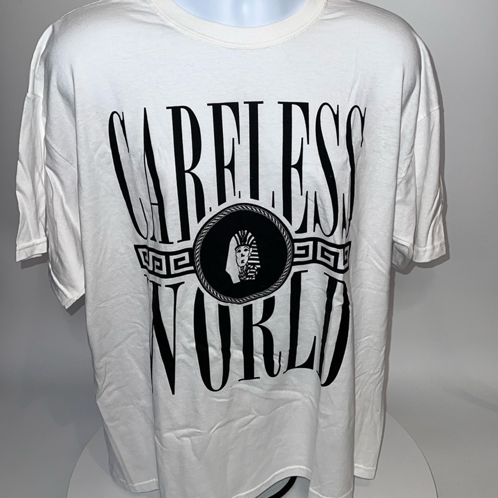 NEW VINTAGE LAST KINGS MENS “ CARELESSS WORLD” SHIRT IN WHITE/ BLACK SIZE XL